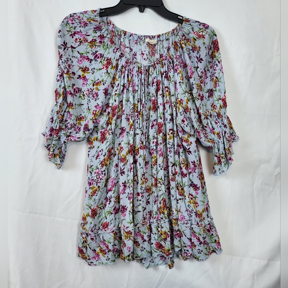 Easel Womens Light Blue Floral Off the Shoulder Short Sleeve Peasant Top Size M